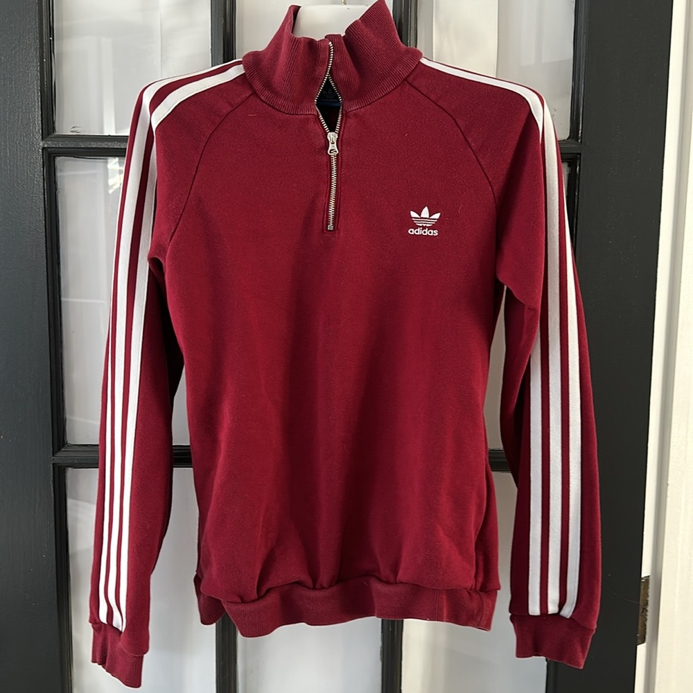 Adidas 3 Stripe Burgundy Quarter Zip Sweatshirt (m) - Picture 2 of 4